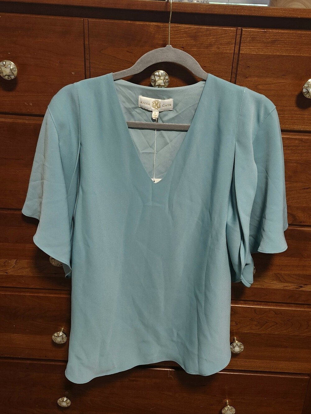 NWT Anna Caye Women's Dusty‎ Teal Flutter Sleeve V-Neck Blouse Size Large